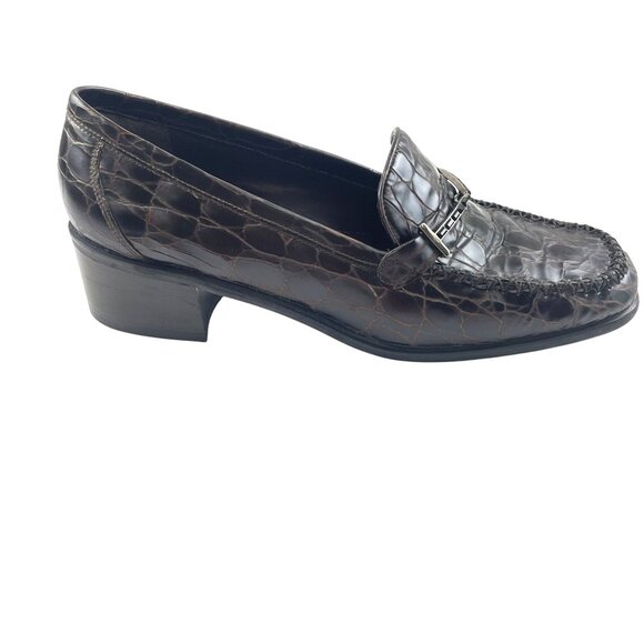 Stuart Weitzman Dark Brown Embossed Patent Leather Square Toe Loafers Sz 7C - Picture 1 of 9